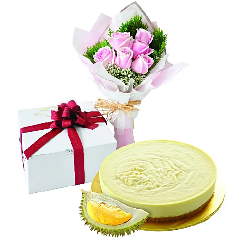 Golden Durian NoBake Cheesecake And Roses Bouquet