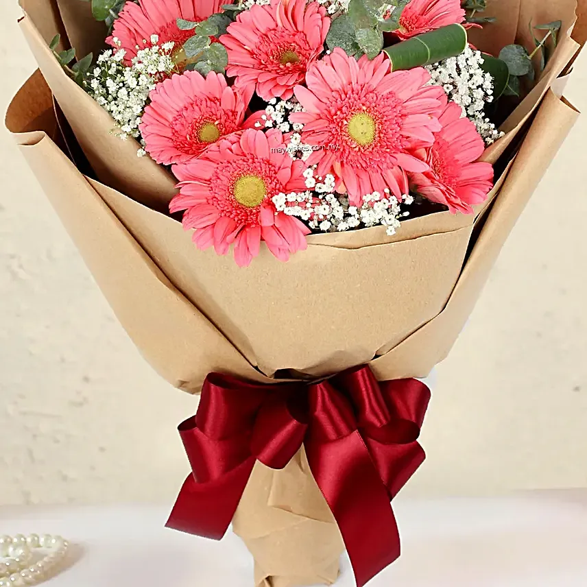 Gracious Pink Gerberas Beautifully Tied Bouquet