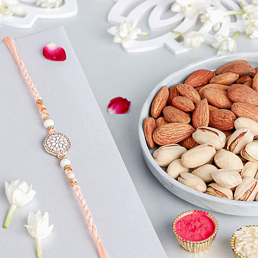 Rosy American Diamond Rakhi N Nuts Combo