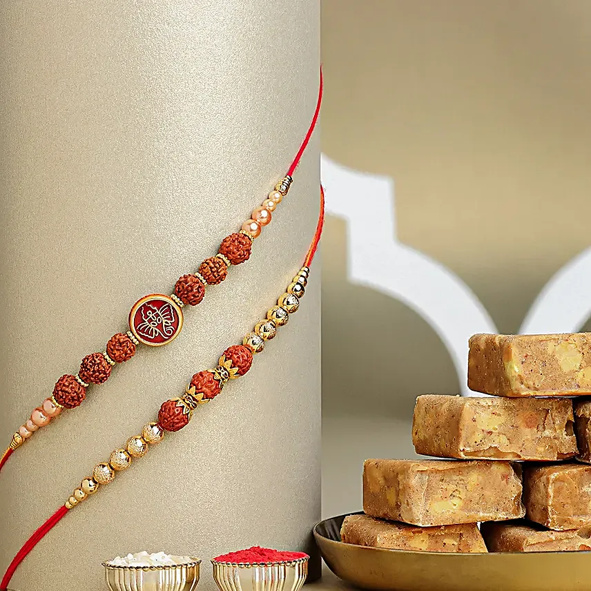 Serene Spirit Rudraksha Rakhi with Channa Barfi Combo