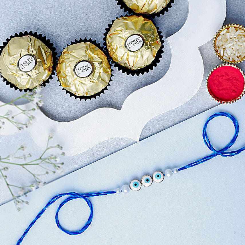 Simplistic Blue Evil  Eye Rakhi N Ferrero Indulgence Pack