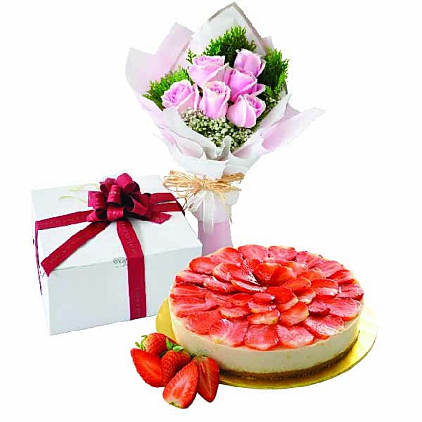 Strawberry NoBake Cheesecake And Roses Bouquet