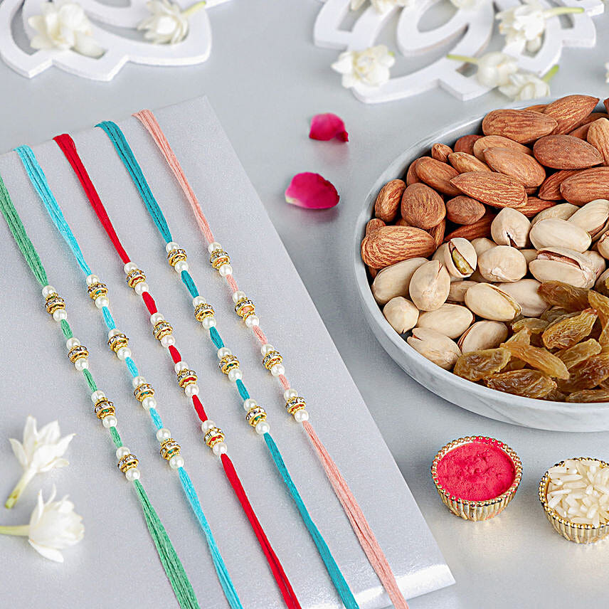 Understated Elegance Beads Rakhi Set of 5 N Nuts Combo