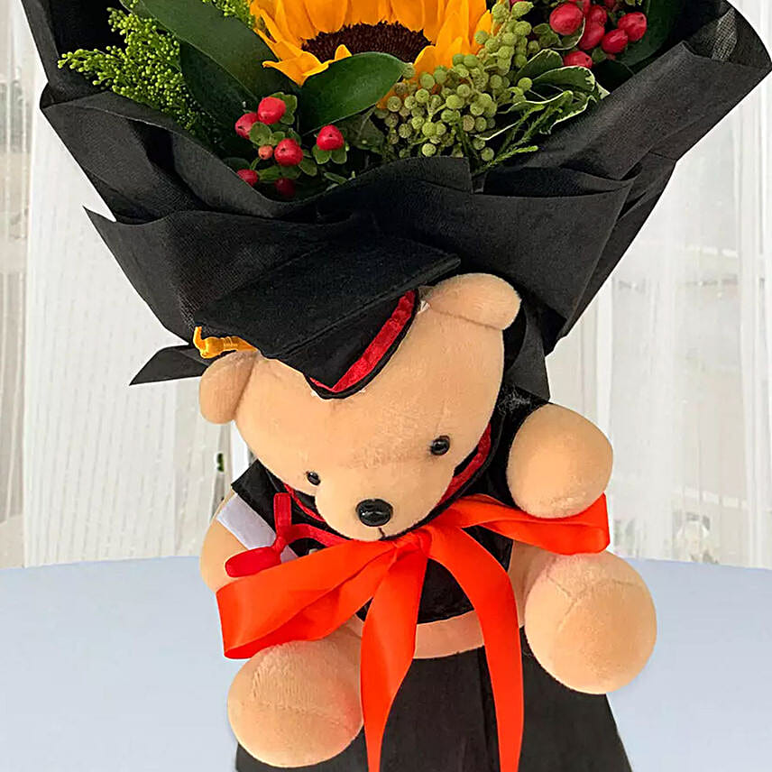 Vibrant Flower Bouquet With Graduation Teddy