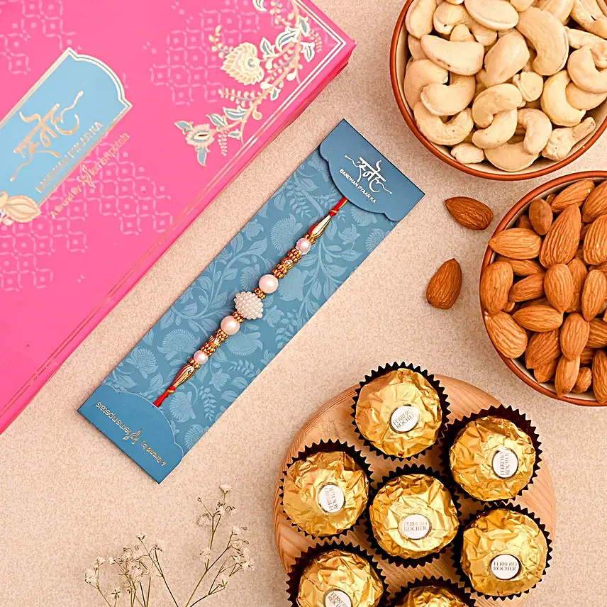 White Pearl Rakhi And Dry Fruits With Ferrero Rocher