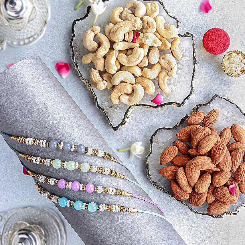 Zen Beadwork Rakhi Set N Nuts Indulgence Pack