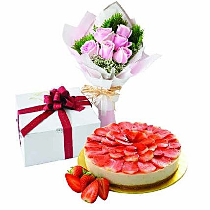 Strawberry NoBake Cheesecake And Roses Bouquet:Send Birthday Cakes to Malaysia
