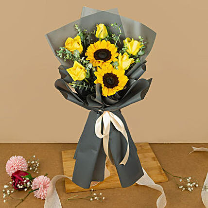 Blooming Sunflower And Roses Bouquet