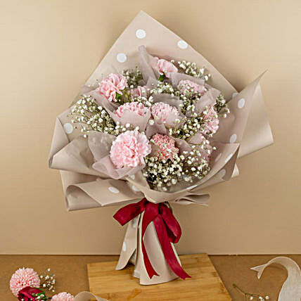 Delightful Pink Carnations Beautifully Tied Bouquet:Carnations Flowers to Malaysia