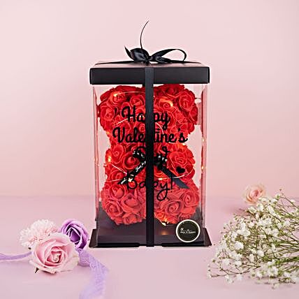 Red Roses Teddy Bear Transparent Box:Send Propose Day Gifts to Malaysia