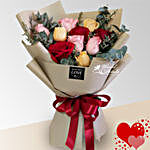 Mixed Rose Bunch With Red Ribbon