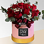 Red Roses In Pink Box Arrangement