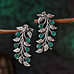 Green Stone Leafy Silver Oxidised Earrings