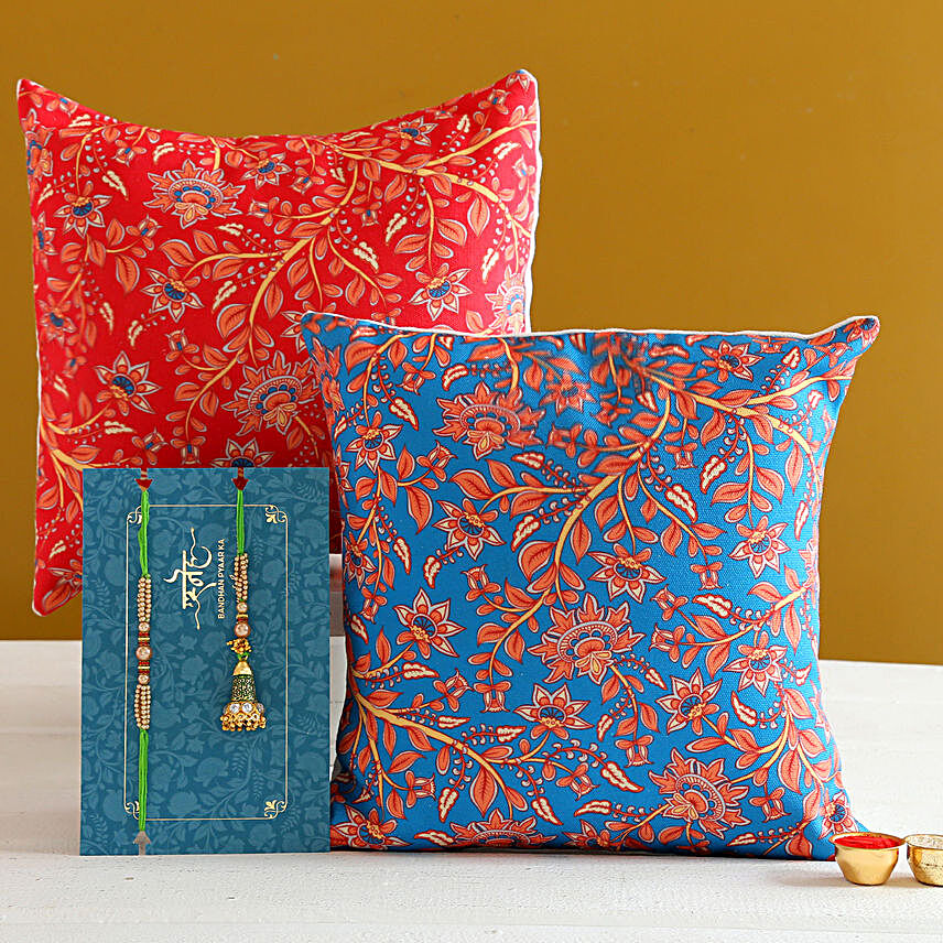 Green Lumba Rakhi Set And 2 Floral Print Cushions