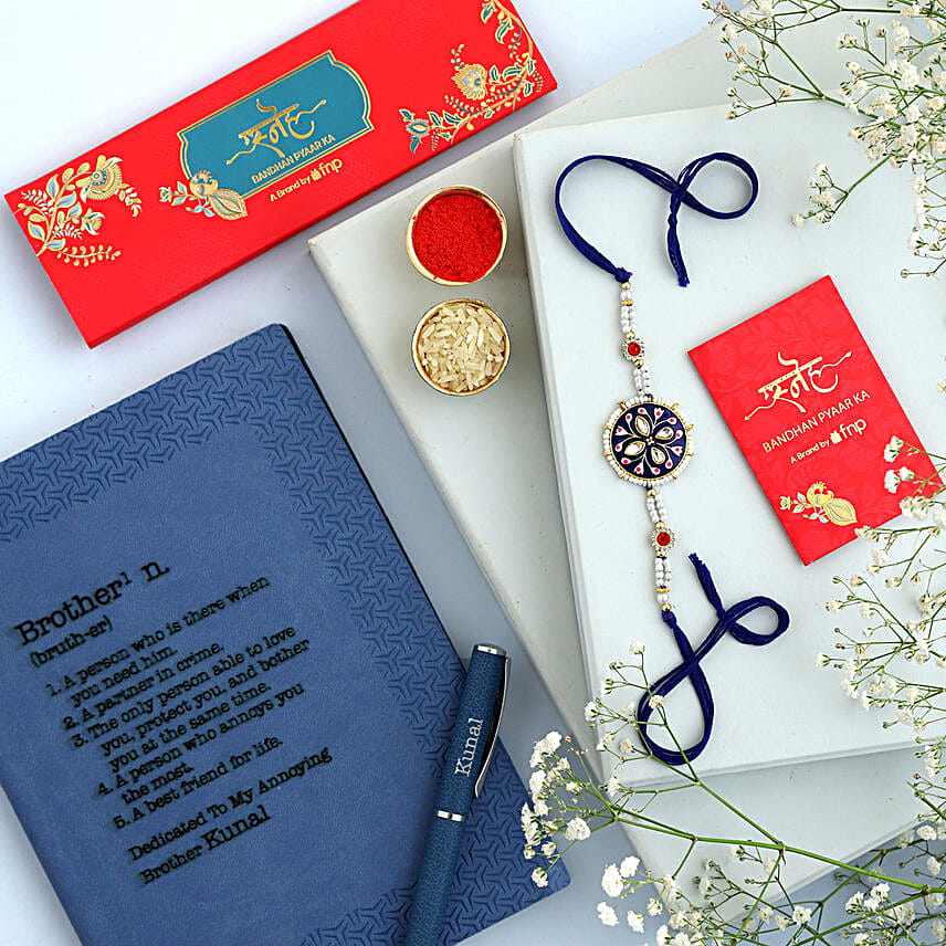 Sneh Meenakari Kundan Rakhi and Personalised Notebook mauritius Gift