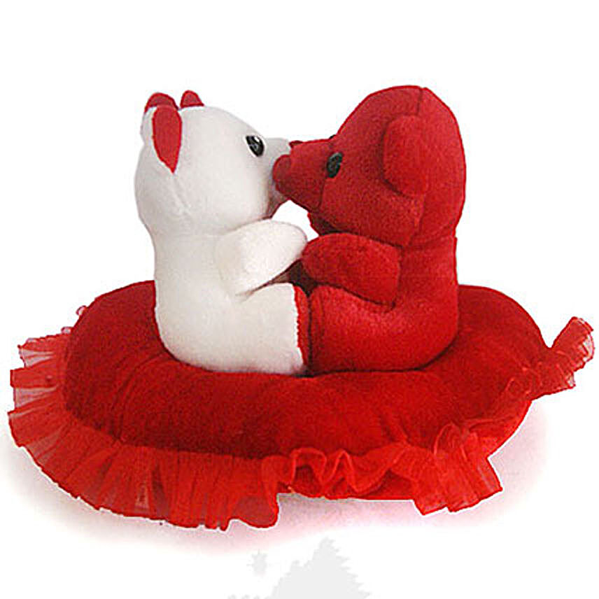 Red and White Kissing Couple Teddy On Heart Cushion