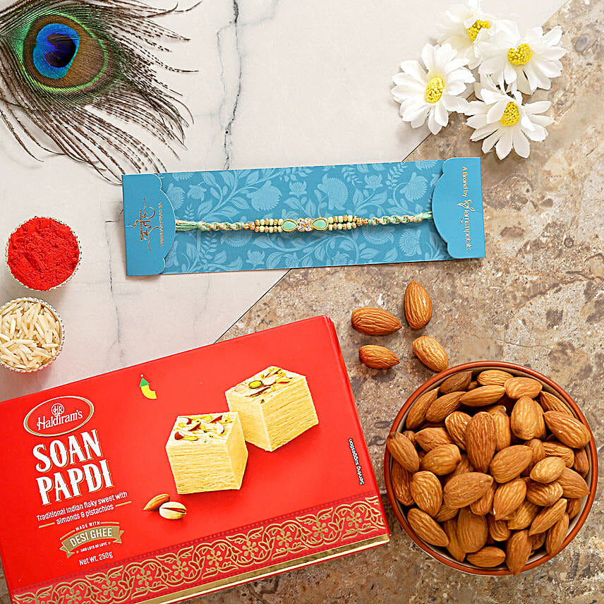 Green Pearl Rakhi With Soanpapdi And Almonds