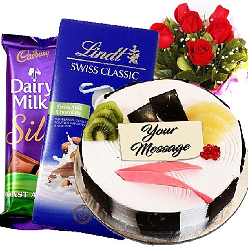 Pineapple Cake With Chocolates And Red Roses Bouquet