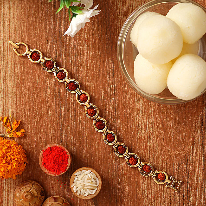 Rudraksha Bracelet Style Rakhi And Rasgulla