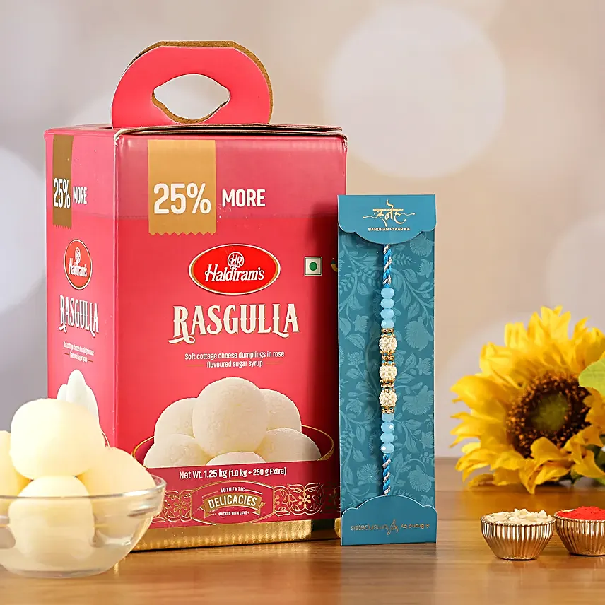 Sea Blue Pearl Designer Rakhi And Rasgulla