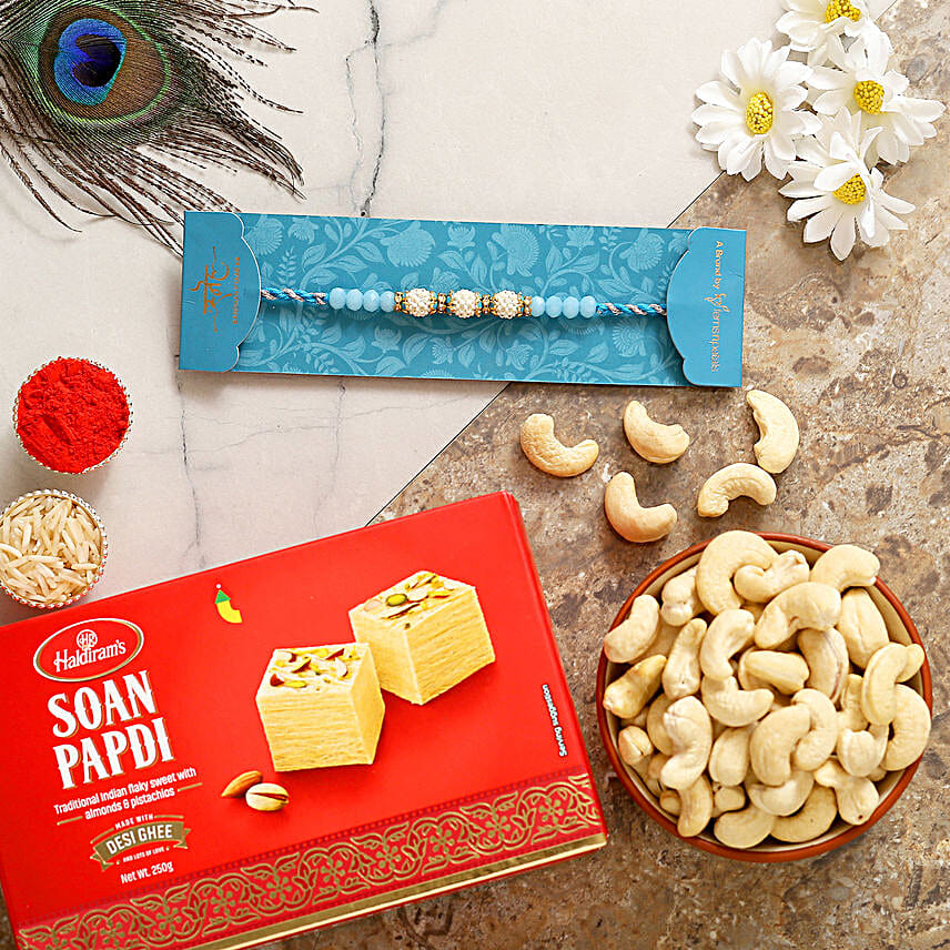 Sea Blue Pearl Rakhi With Soanpapdi And Cashew