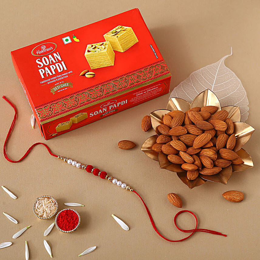Sneh White Pearls Rakhi With Soan Papdi & Almonds