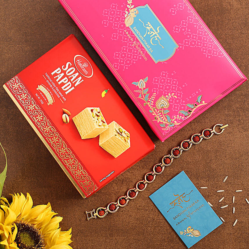 Spiritual Rudraksha Bracelet Rakhi And Soan Papdi