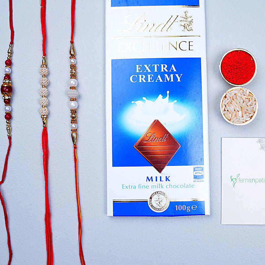 Set of 3 Rakhis And Lindt Chocolate netherlands Gift Set of 3 Rakhis
