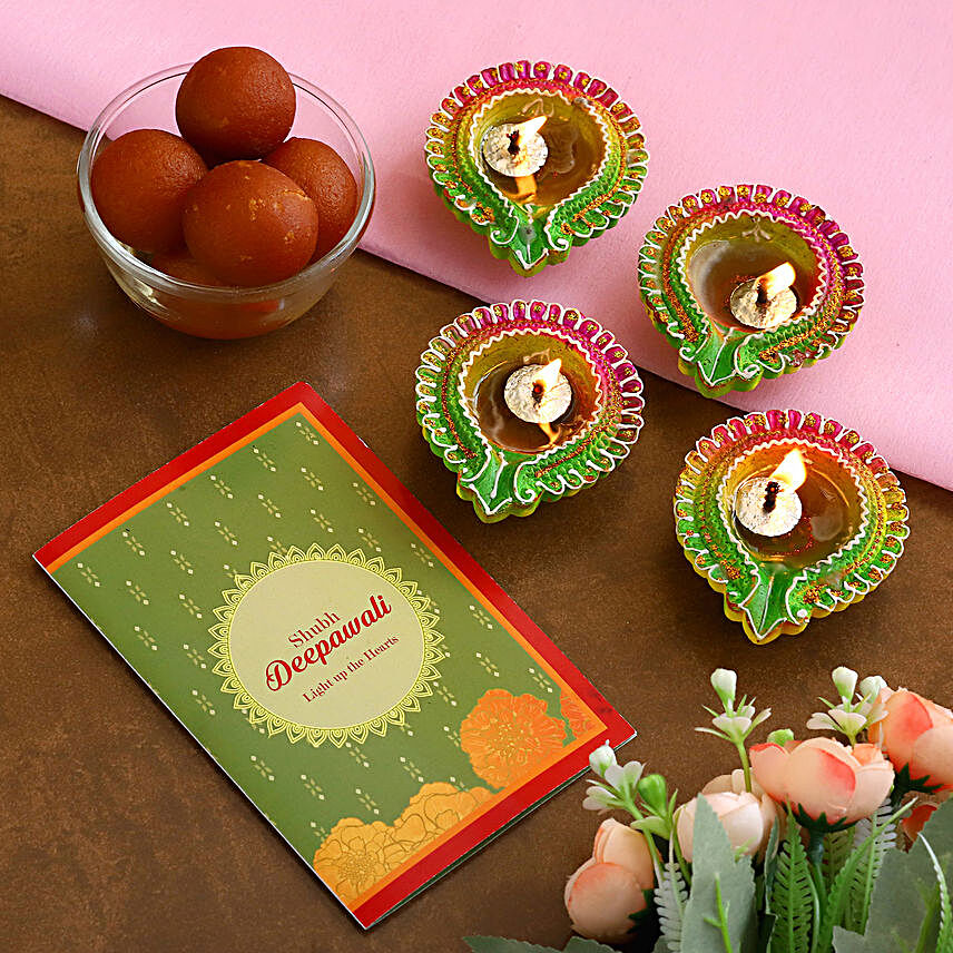 Decorative Floral Diyas With Greeting Card And Gulab Jamun:Diwali Sweet Delivery in New Zealand