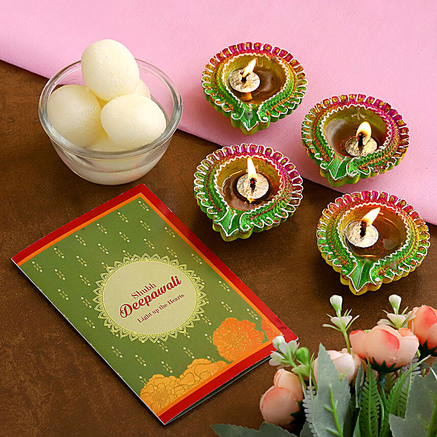 Diwali Floral Diyas With Greeting Card And Rasgulla:Diwali Gifts to New Zealand