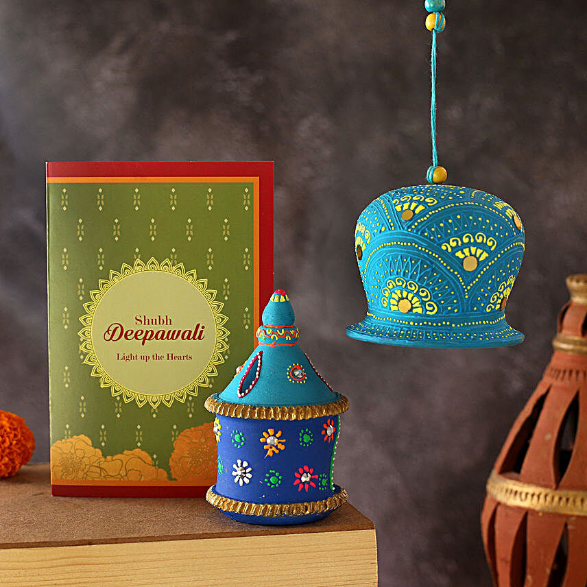 Gharonda Diya And Bell With Diwali Greeting Card