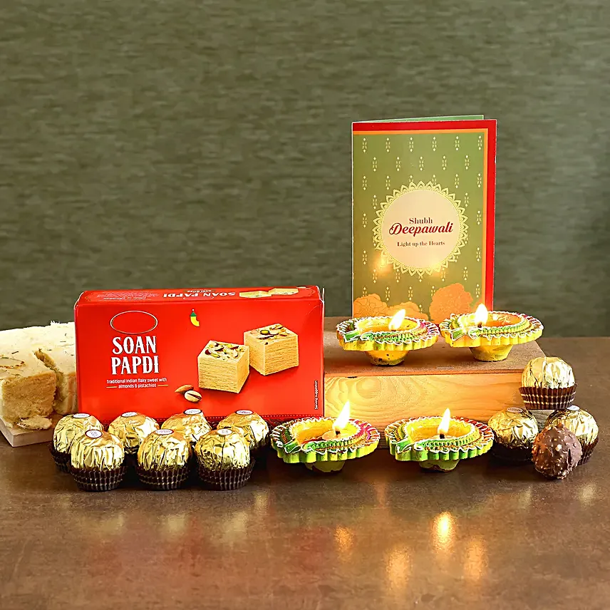 Designer Diyas With Soan Papdi And Chocolates:Diwali Sweets to New Zealand