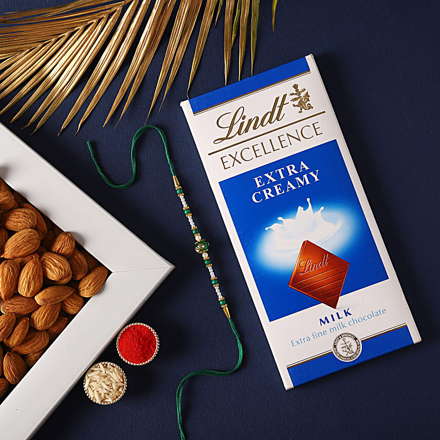 Sneh Green Rakhi With Lindt Chocolates & Almonds:Rakhi and Chocolates in New Zealand