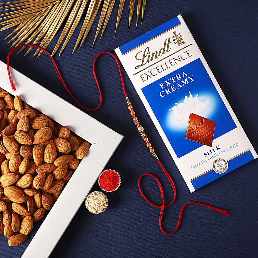Sneh Sleek Rakhi With Lindt Chocolates & Almonds:Rakhi and Chocolates in New Zealand