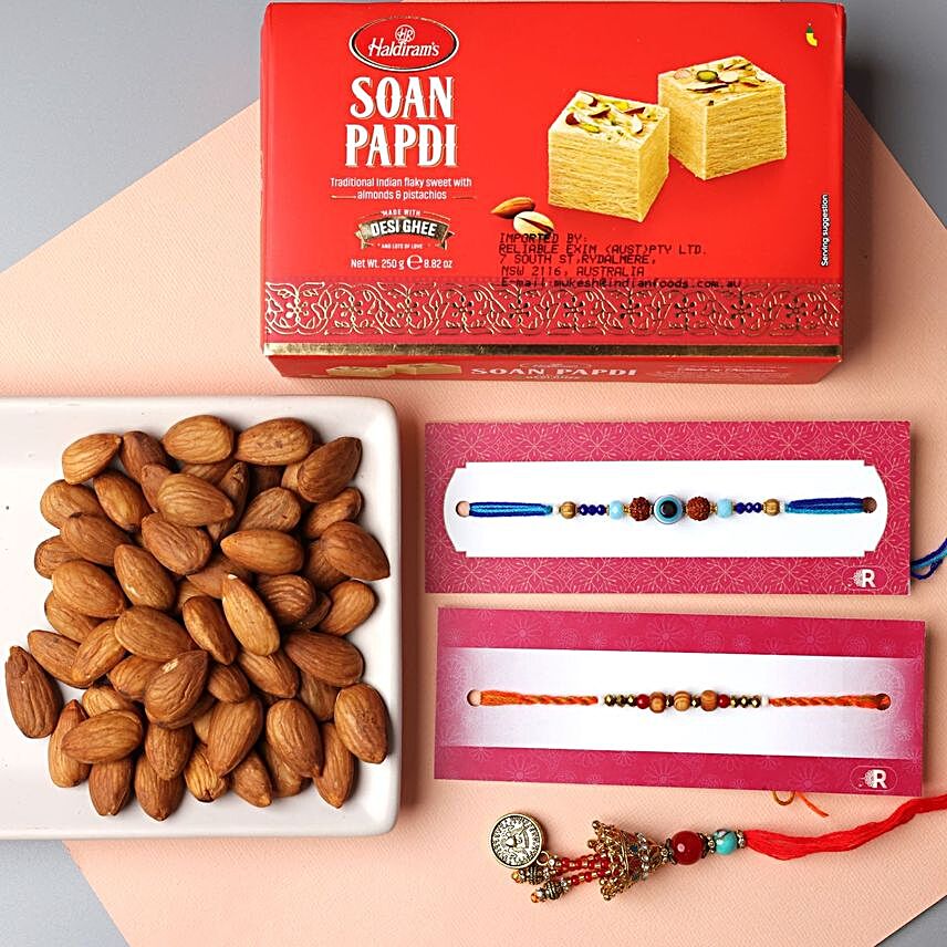 Classic Family Rakhi Set With Soan Papdi & Almonds:Rakhi Gifts for Brother to NZ