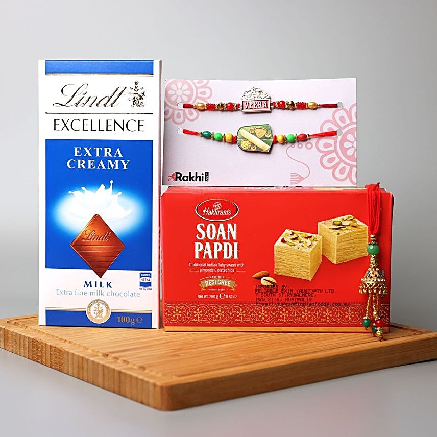 Complete Family Rakhi Set With Soan Papdi & Chocolate:Bhaiya Bhabhi Rakhi to NZ