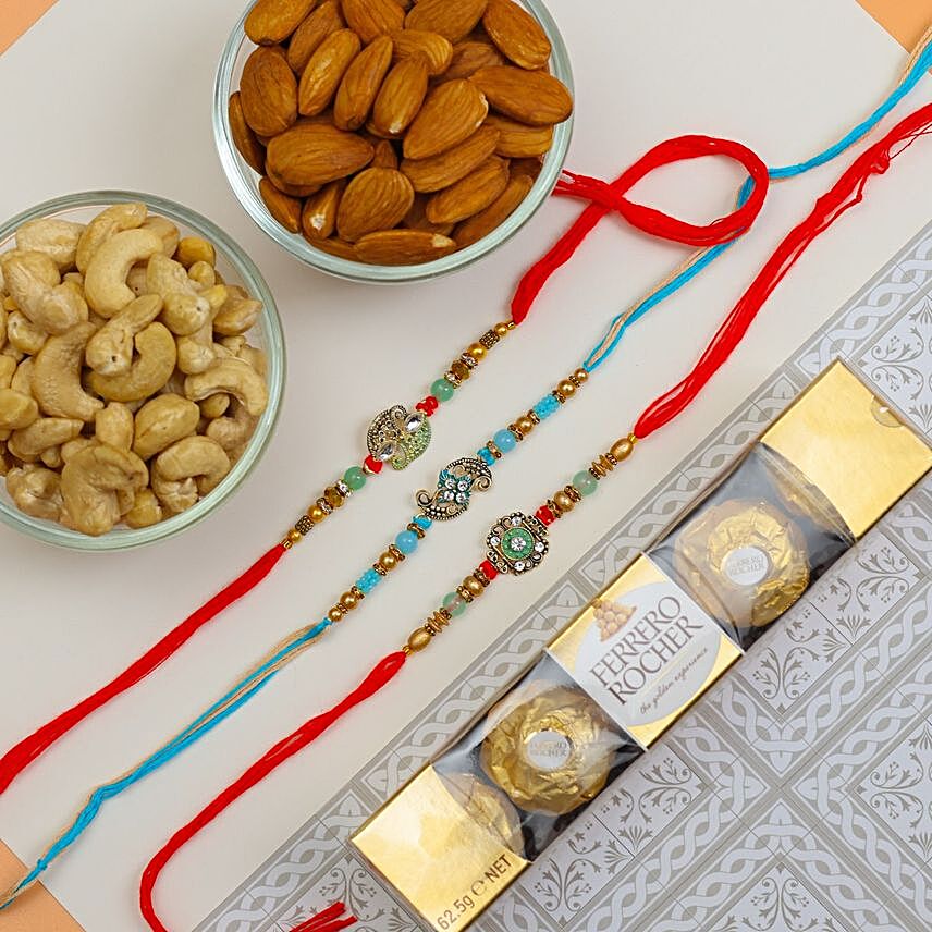 Traditional Designer Rakhi Set With Dryfruits & Ferrero Rocher:Send Rakhi Sets to New Zealand