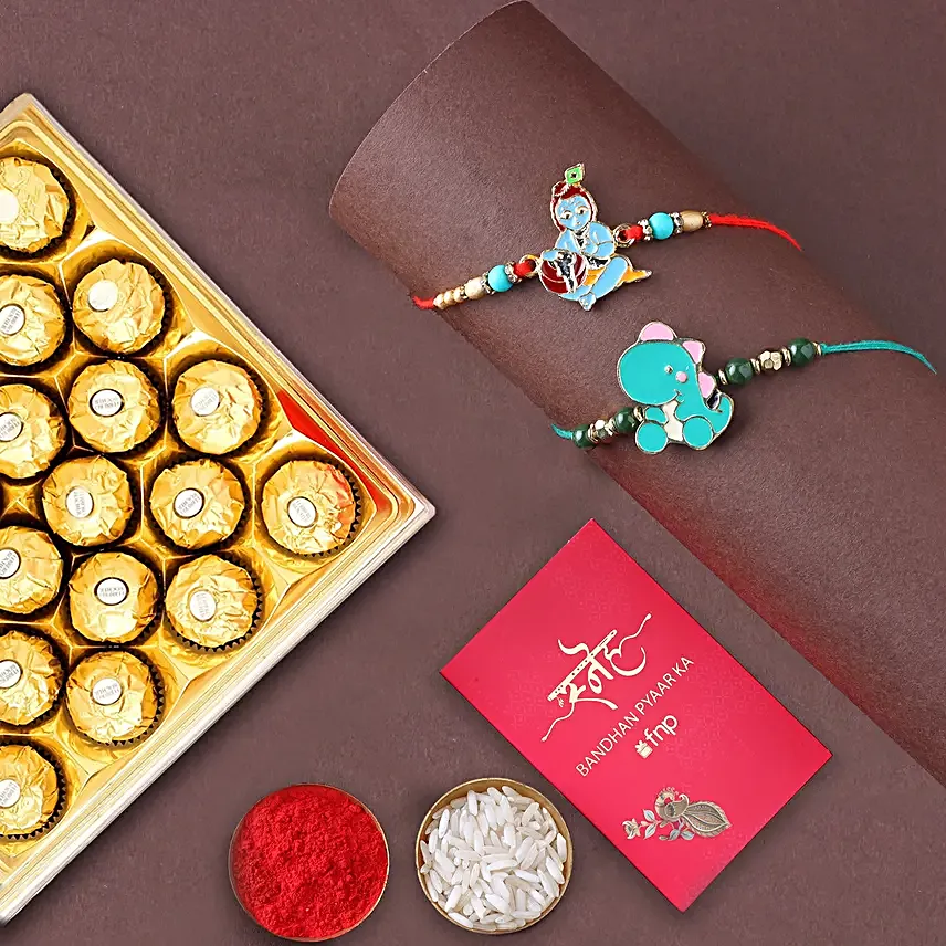 Bal Hanuman Rakhi and Dino Rakhi set with Ferrero 16 for Kids