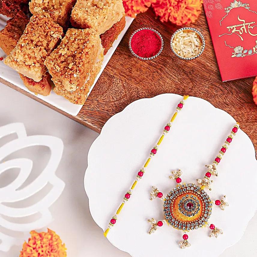 Bhaiya Bhabhi Beads Rakhi Set N Milk Cake Duo
