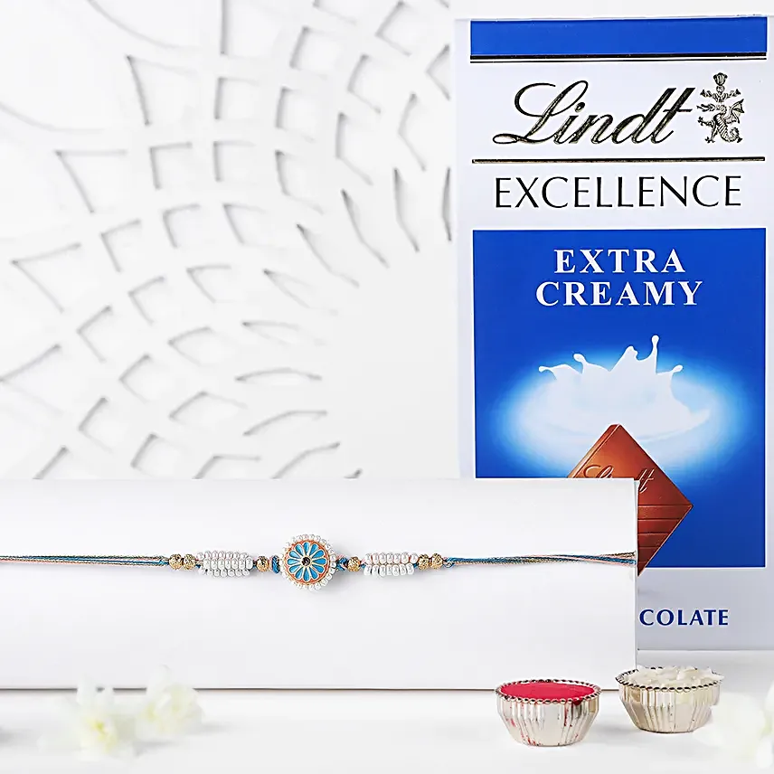 Blue Floral Meenakari Rakhi N Lindt Milk Chocolate