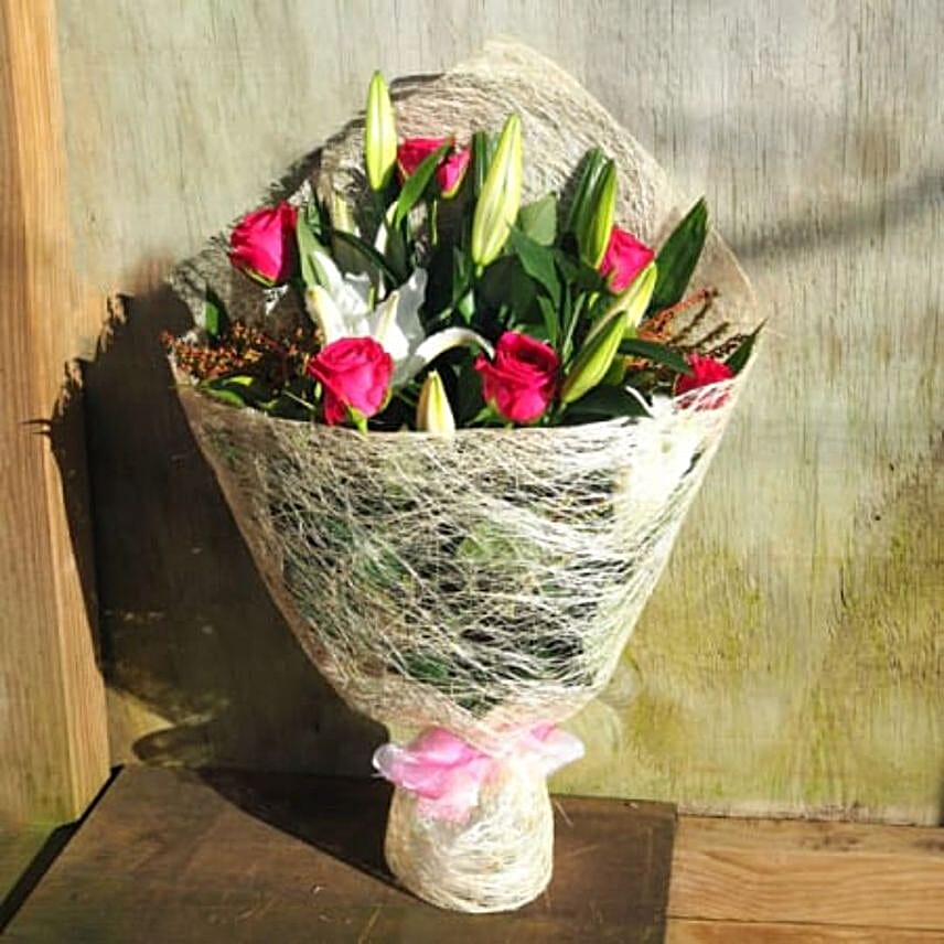 Pink Rose N Lily Bouquet