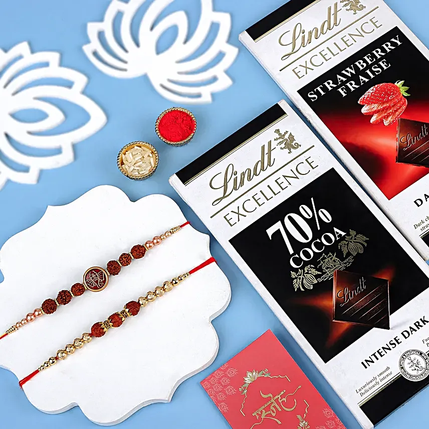 Rudraksha Good Vibes Rakhi Set N Lindt Chocolates