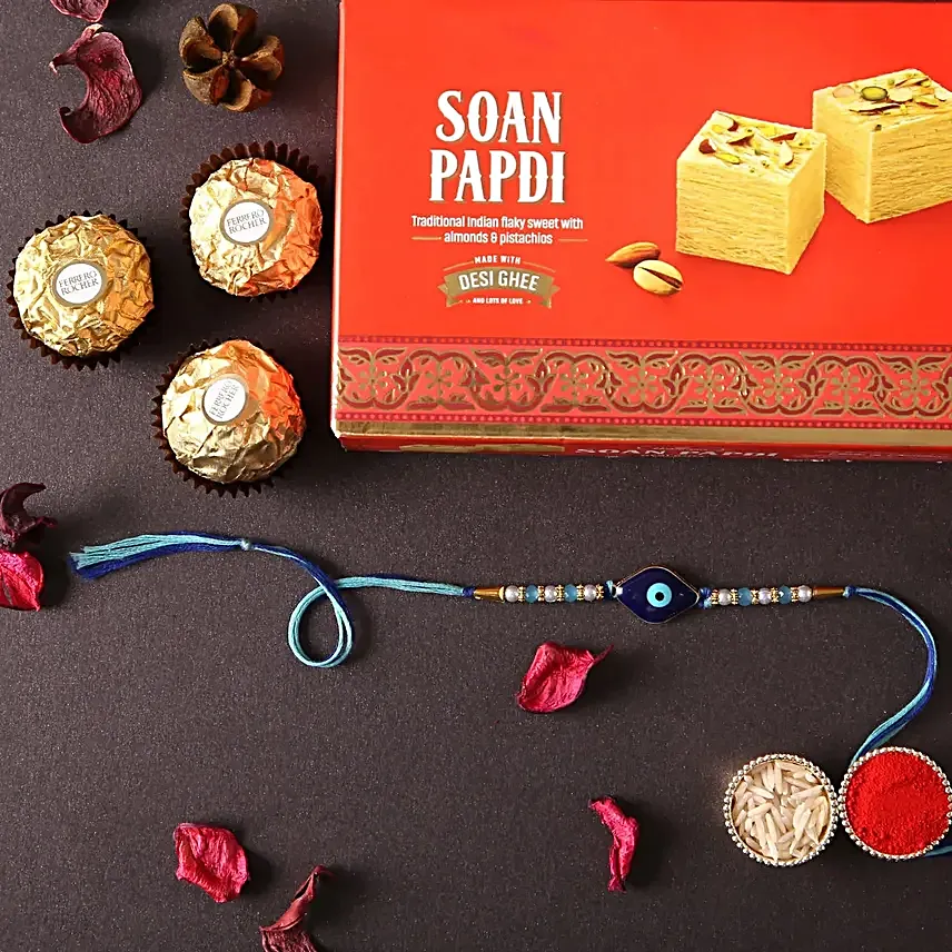 Sneh Evil Eye Rakhi With Soan Papdi Ferrero Rocher