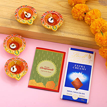 Diwali Diya Set With Greeting Card & Lindt:Chocolate Delivery in New Zealand