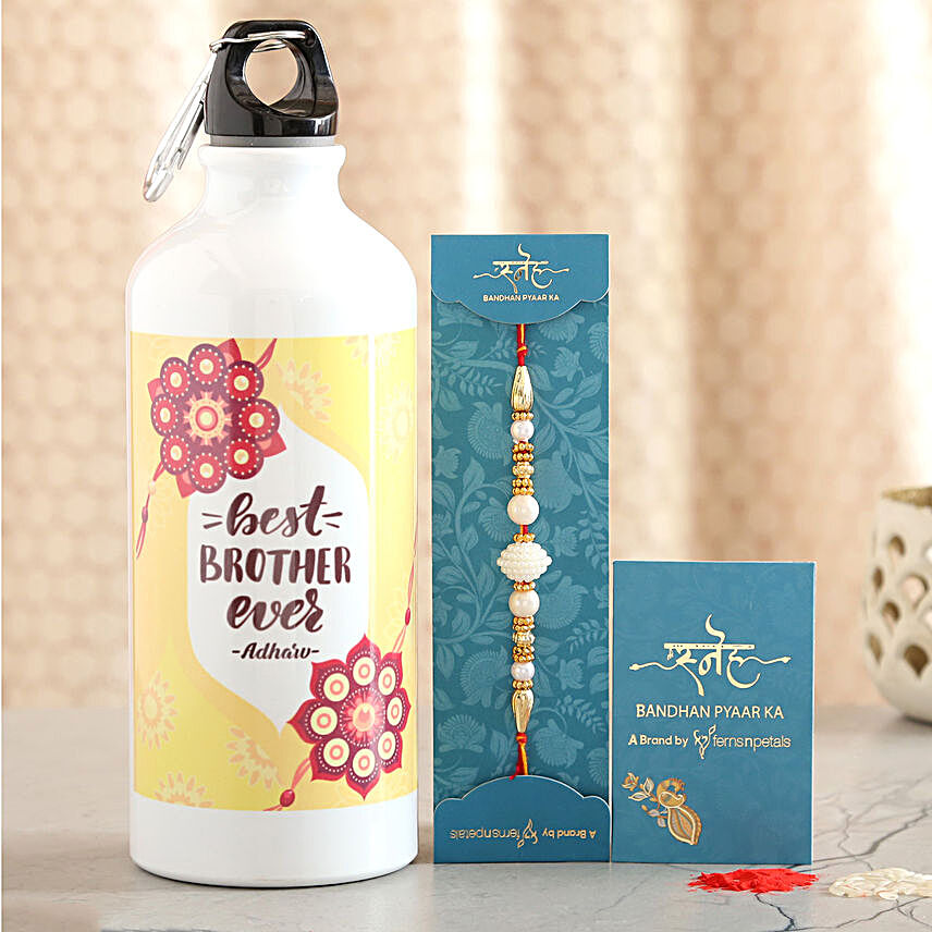 White Pearl Rakhi And Personalised Bottle Combo:Rakhi Delivery in Norway