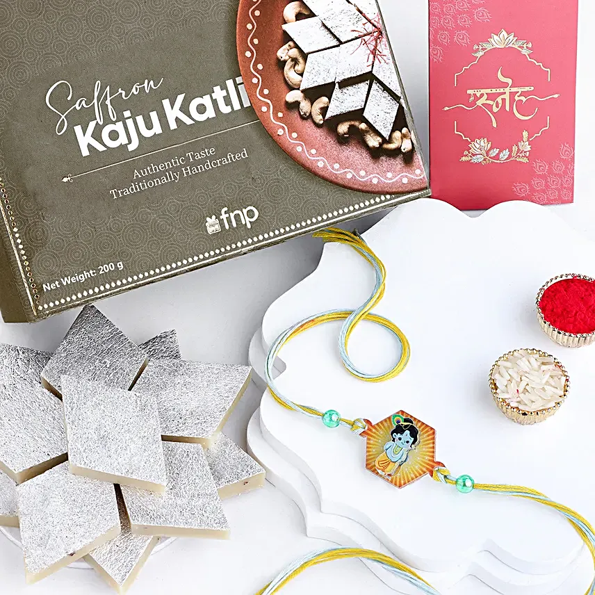 Enchanting Love in 3D Krishna Rakhi N Kaju Katli Delight