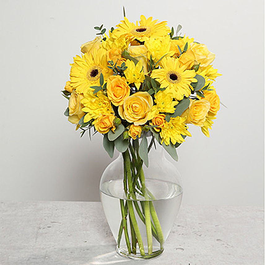 Yellow Gerberas and Roses Arrangement OM