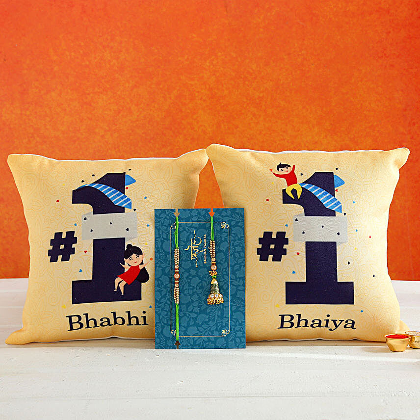 Green Lumba Rakhi Set And 2 Bhaiya Bhabhi Cushions