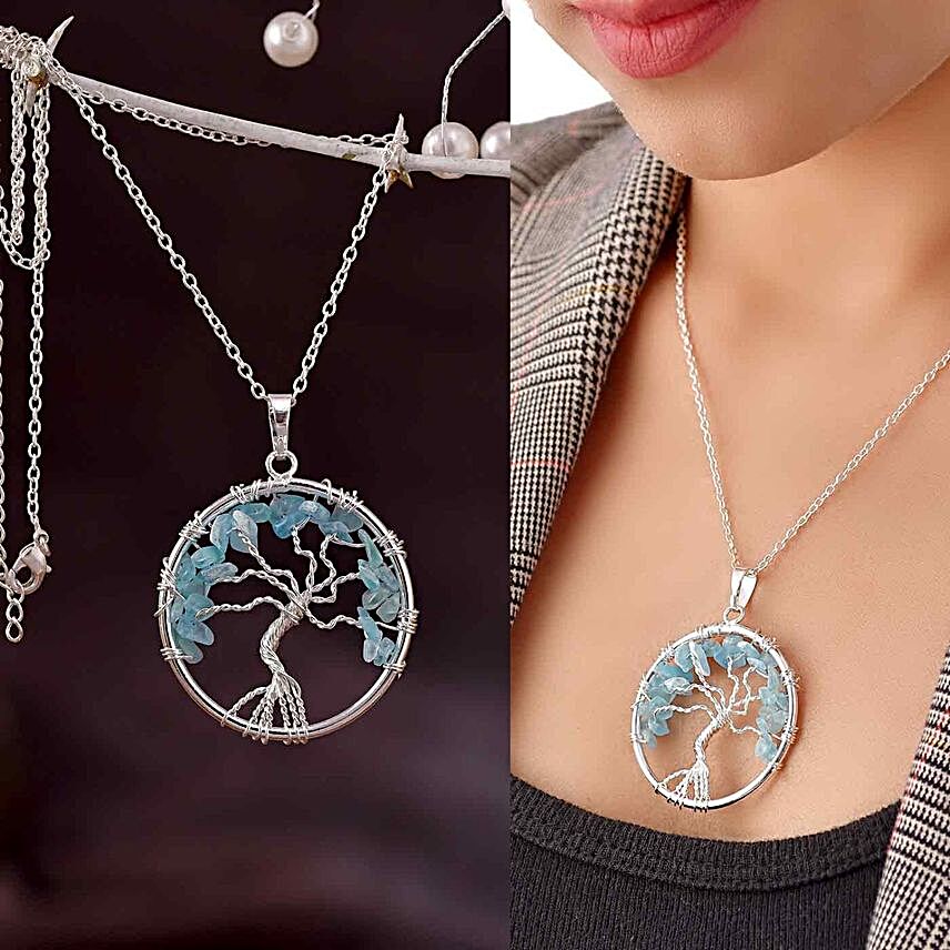 Holistic Tree Of Life Aquamarine Pendant And Chain Set:Oman Gift Delivery