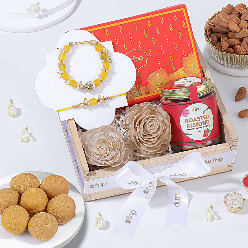 Designer Pearl Rakhi Hamper with Ladoo N Almonds